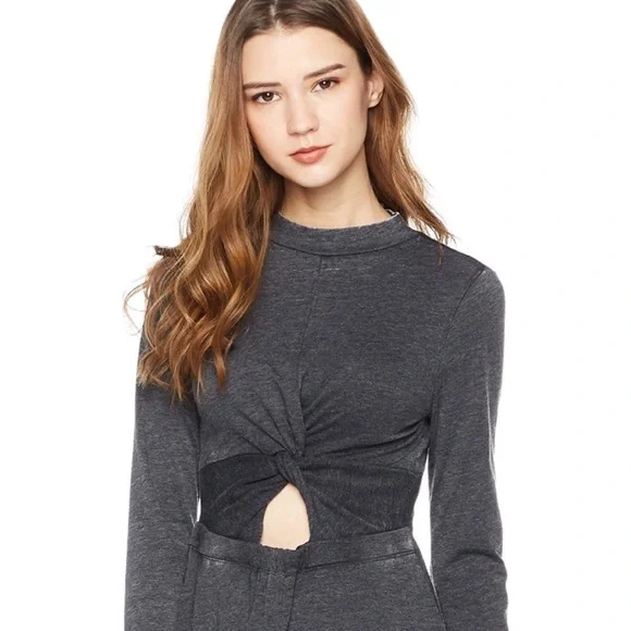 Twist Front Cut Out Long Sleeve Soft Knit Dress Charcoal Grey - Picture 4 of 7
